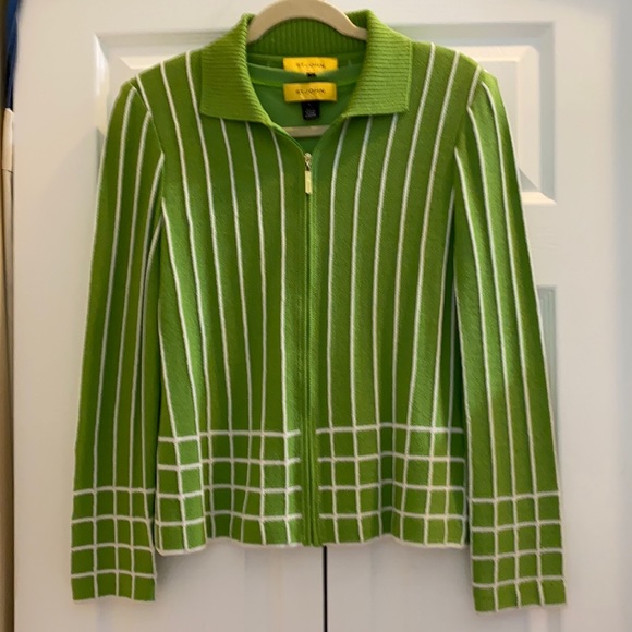 ST. JOHN Green w/White Stripes Sweater Set - Picture 1 of 14